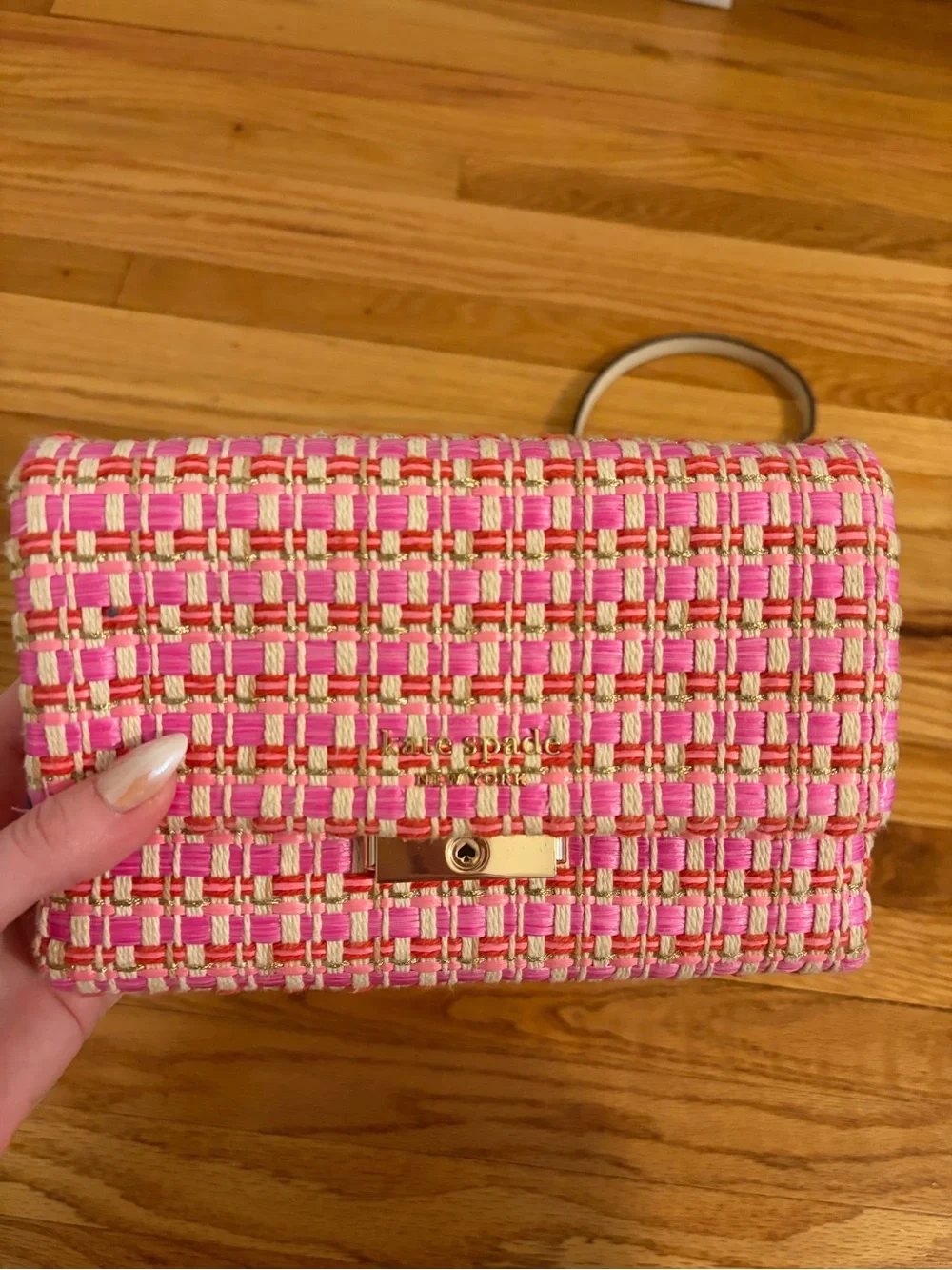 kate spade Pink and White Woven Crossbody with Gold Hardware